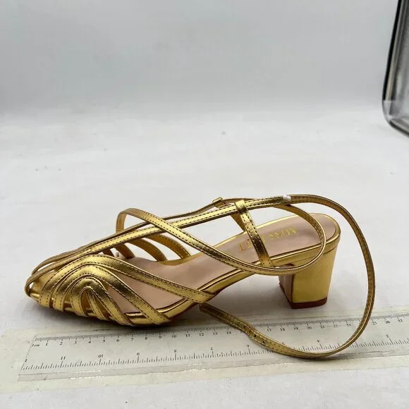 miss left Gold Caged Toe Chunky Mid Heel Cutout Sandals Strappy Ankle Strap Shoe - Picture 2 of 8
